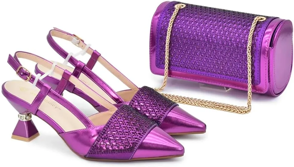 Women’S Fashion Italian Leather Shoes and Bag Set for Evening Party with Rhinestone Decorations and Soft Leather