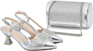 Women’S Fashion Italian Leather Shoes and Bag Set for Evening Party with Rhinestone Decorations and Soft Leather