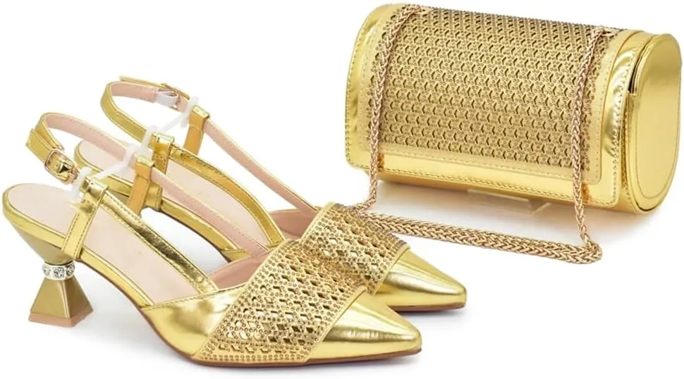 Women’S Fashion Italian Leather Shoes and Bag Set for Evening Party with Rhinestone Decorations and Soft Leather