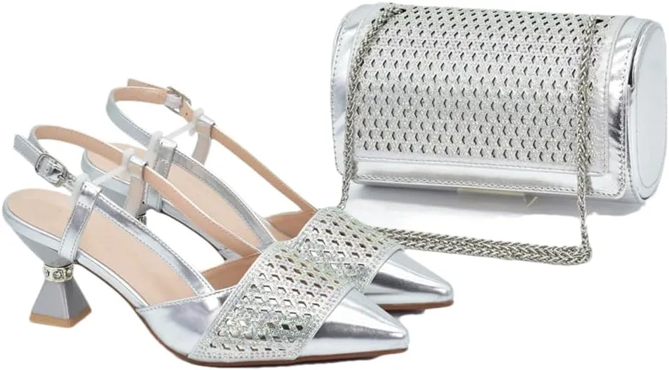 Women’S Fashion Italian Leather Shoes and Bag Set for Evening Party with Rhinestone Decorations and Soft Leather