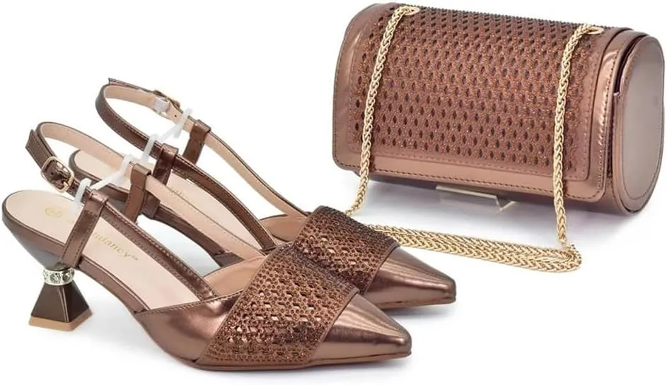 Women’S Fashion Italian Leather Shoes and Bag Set for Evening Party with Rhinestone Decorations and Soft Leather
