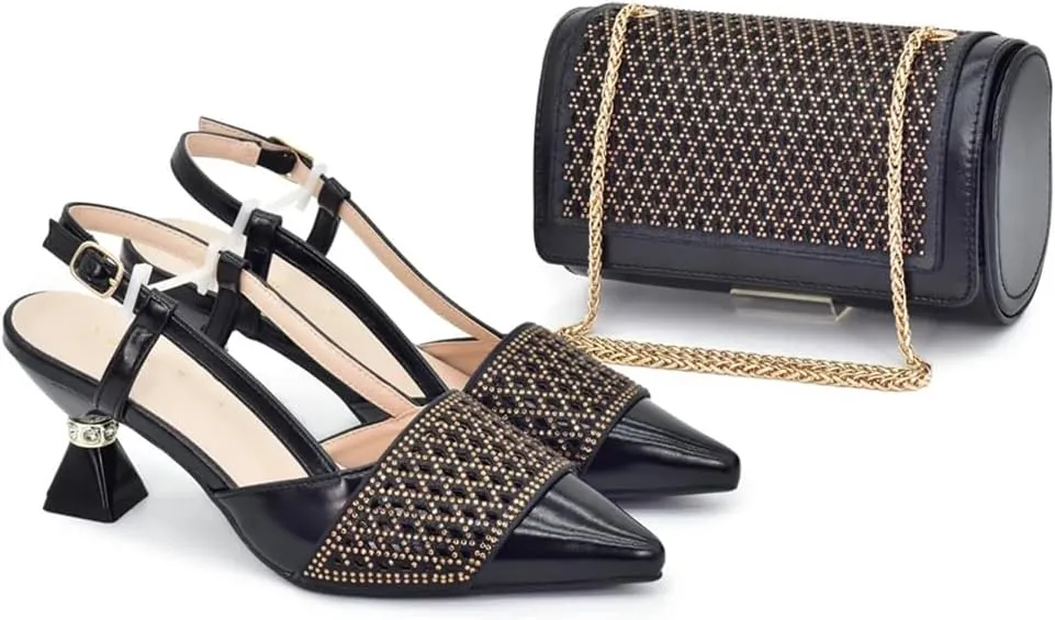 Women’S Fashion Italian Leather Shoes and Bag Set for Evening Party with Rhinestone Decorations and Soft Leather