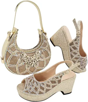 Women’S Fashion Italian Rhinestone Pumps and Matching Bag Set with Charm Decorations for Party Wedding