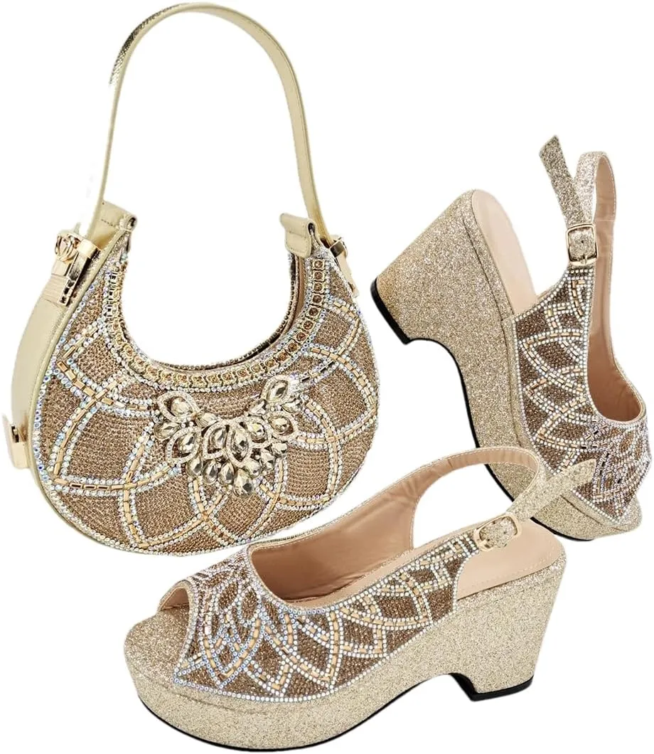 Women’S Fashion Italian Rhinestone Pumps and Matching Bag Set with Charm Decorations for Party Wedding