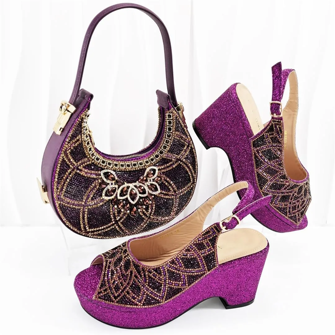 Women’S Fashion Italian Rhinestone Pumps and Matching Bag Set with Charm Decorations for Party Wedding