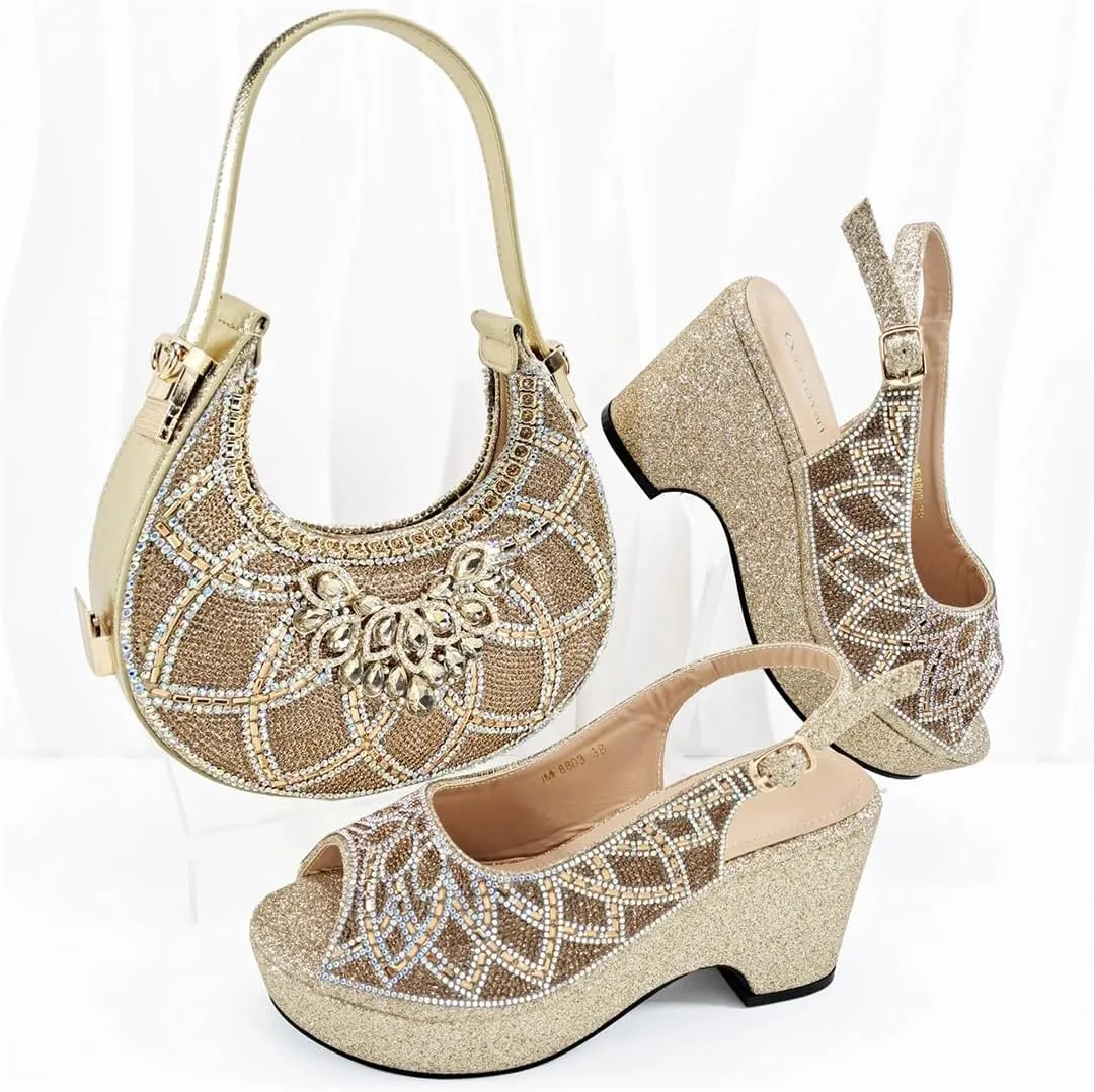 Women’S Fashion Italian Rhinestone Pumps and Matching Bag Set with Charm Decorations for Party Wedding