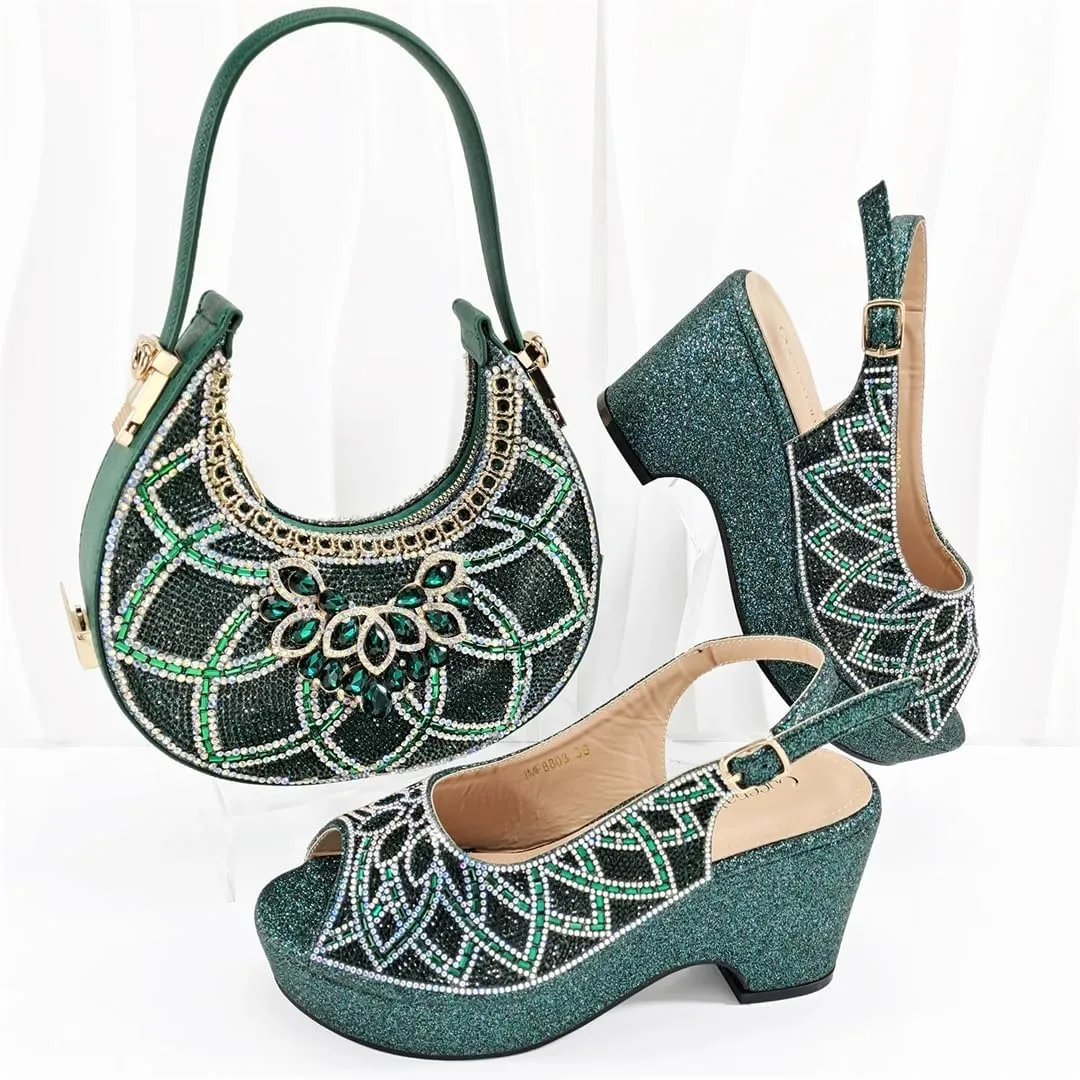 Women’S Fashion Italian Rhinestone Pumps and Matching Bag Set with Charm Decorations for Party Wedding