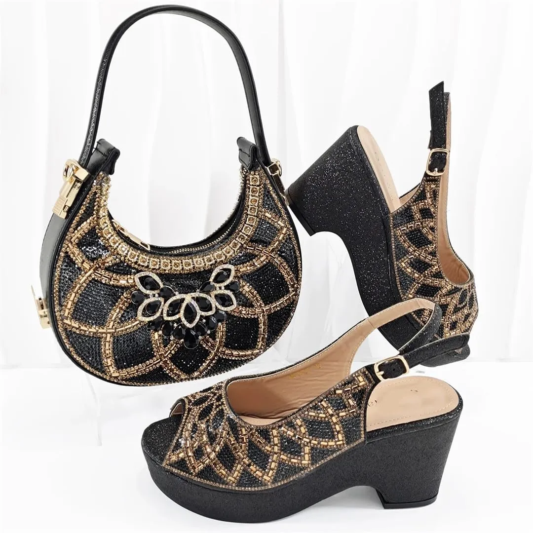 Women’S Fashion Italian Rhinestone Pumps and Matching Bag Set with Charm Decorations for Party Wedding