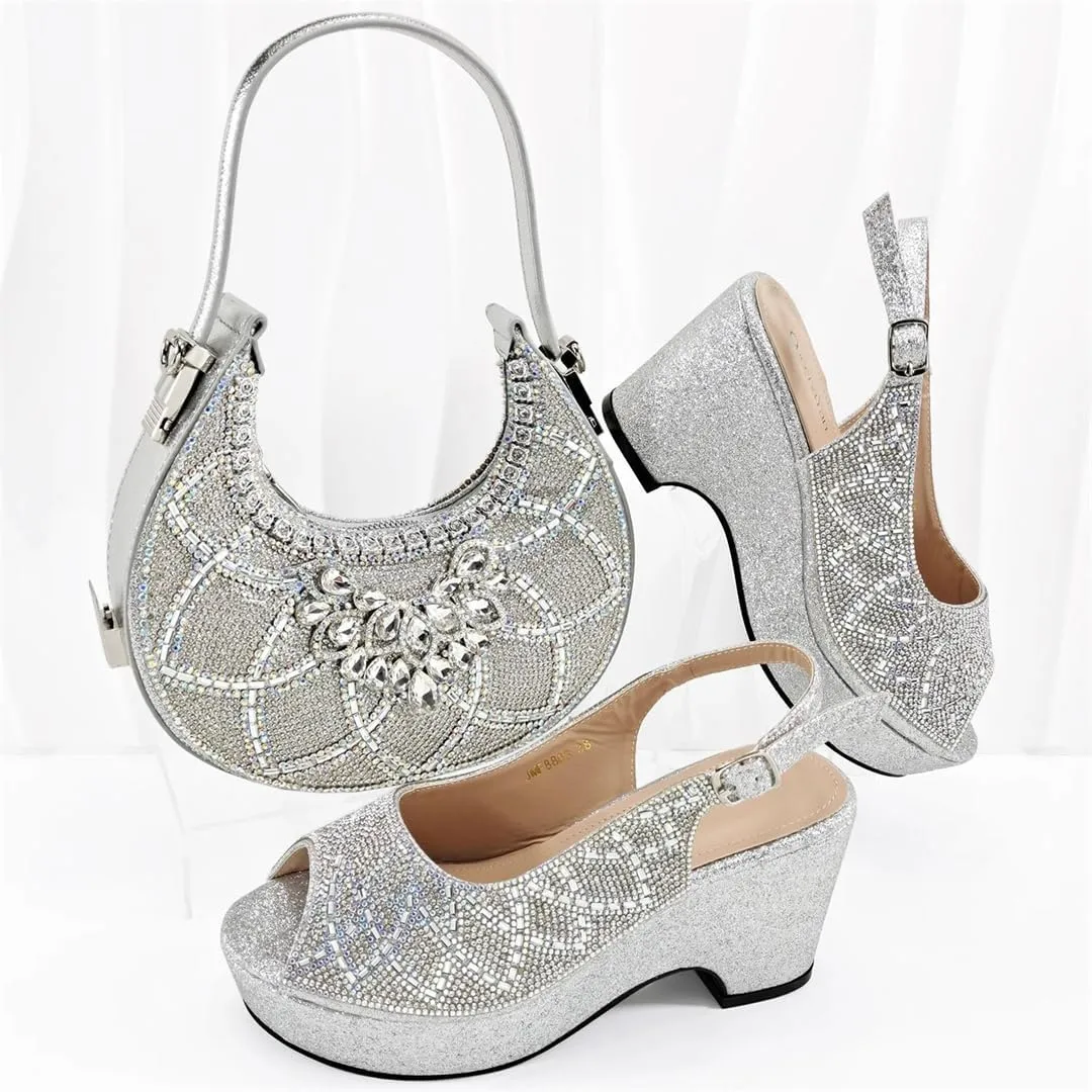 Women’S Fashion Italian Rhinestone Pumps and Matching Bag Set with Charm Decorations for Party Wedding