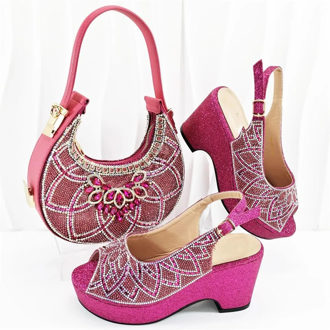 Women’S Fashion Italian Rhinestone Pumps and Matching Bag Set with Charm Decorations for Party Wedding