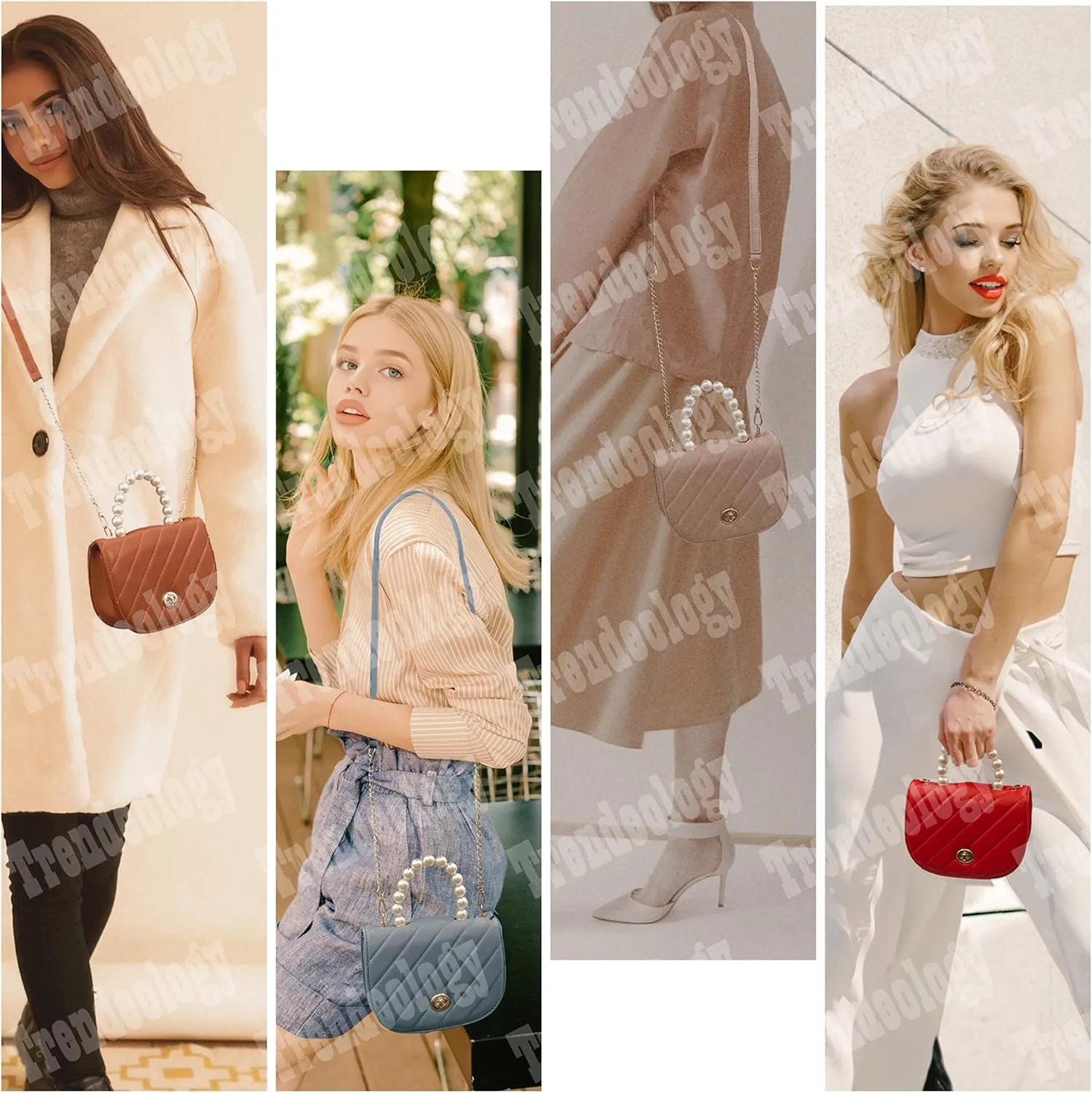 Womens Girls Dressy Pearl Top-Handle Casual Saddle Clutch Satchel Purse Crossbody Bag