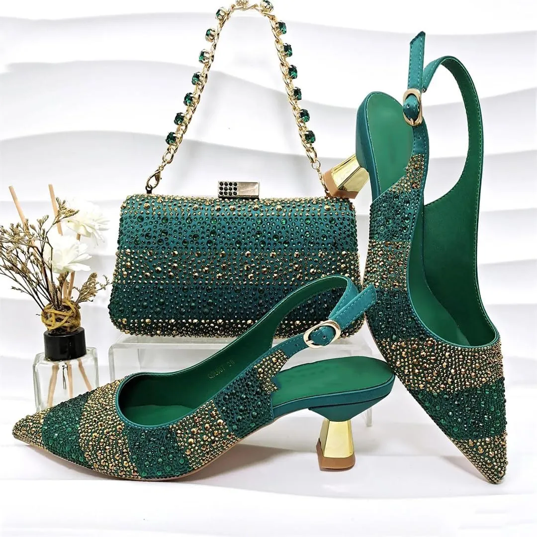 Women’S Italian Design Rhinestone Heels and Handbag Set with Strange Style Heel for Elegant Party Wear