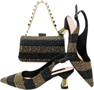 Women’S Italian Design Rhinestone Heels and Handbag Set with Strange Style Heel for Elegant Party Wear
