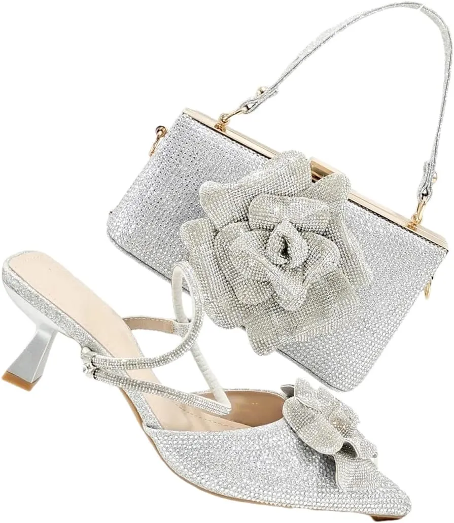 Women’S Mature Style Shoes and Bag Set Peep Toe Square Heel Slip-On Slingbacks for Party