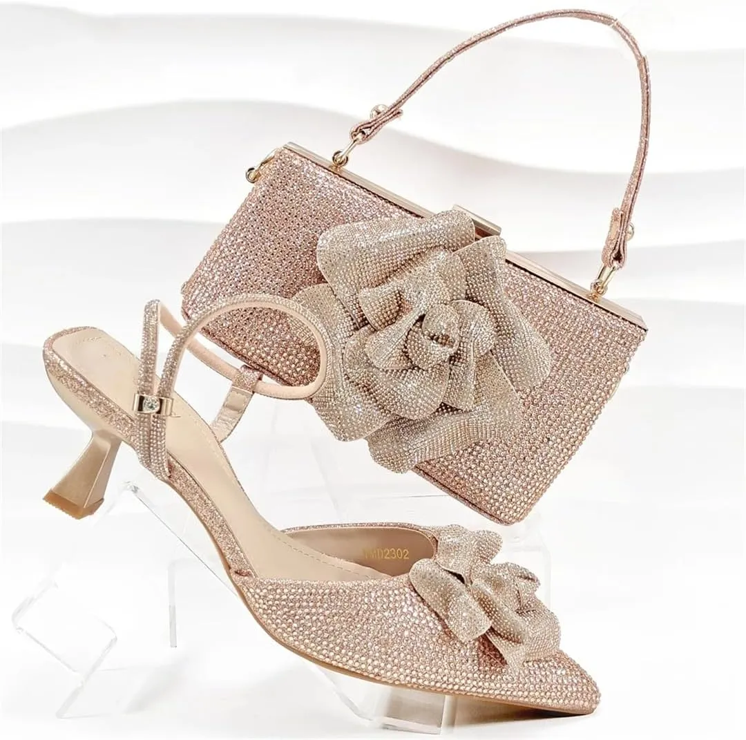 Women’S Mature Style Shoes and Bag Set Peep Toe Square Heel Slip-On Slingbacks for Party