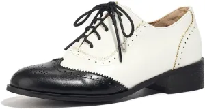 Women's Oxfords Black and White Wingtip Chunky Heeled Patent Leather Vintage Brogue Lace Up Two Tone Saddle Shoes