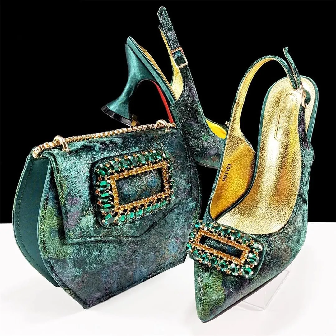 Women’S Rhinestone-Encrusted High Heels and Matching Bag Set with Crystal Decorations for Elegant Parties