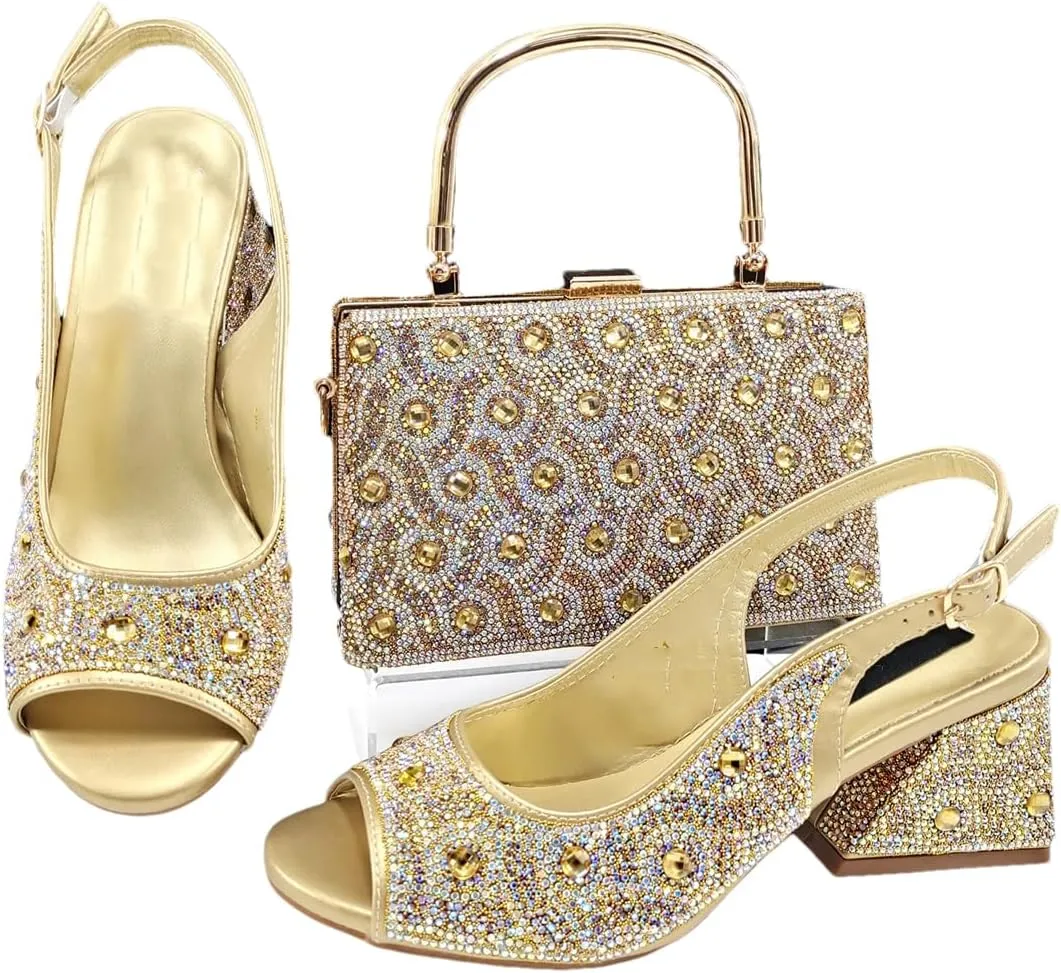 Women’S Rhinestone Open Toe High Heels and Matching Bag Set with Strange Heel Design for Party