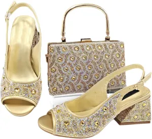 Women’S Rhinestone Open Toe High Heels and Matching Bag Set with Strange Heel Design for Party
