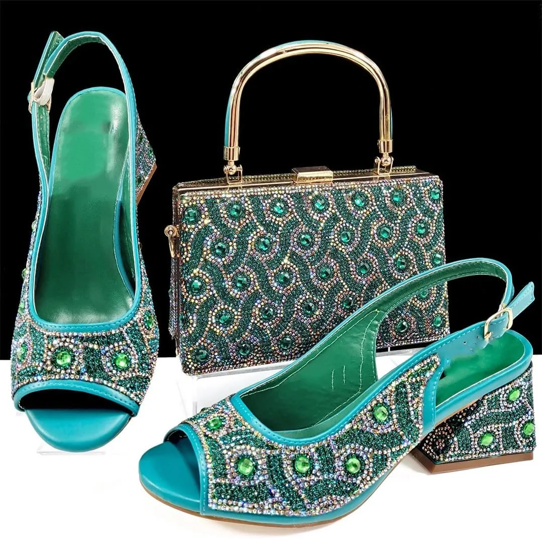 Women’S Rhinestone Open Toe High Heels and Matching Bag Set with Strange Heel Design for Party