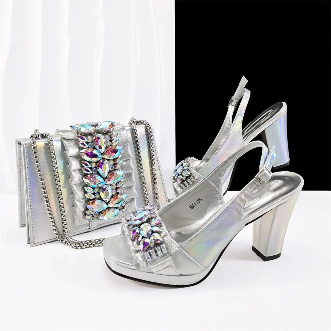 Women’S Royal Blue Platform High Heels and Matching Bag Set with Square Heel for Wedding