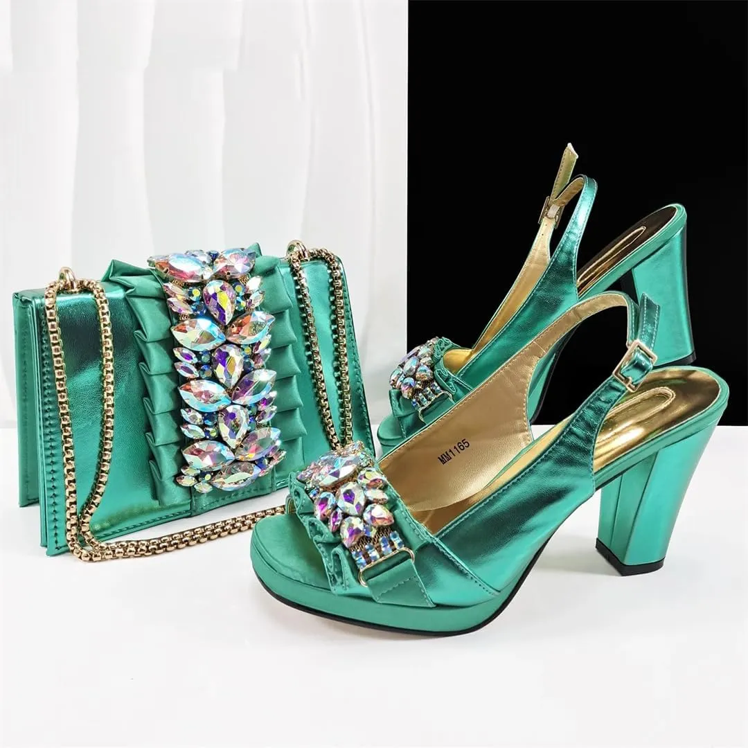 Women’S Royal Blue Platform High Heels and Matching Bag Set with Square Heel for Wedding