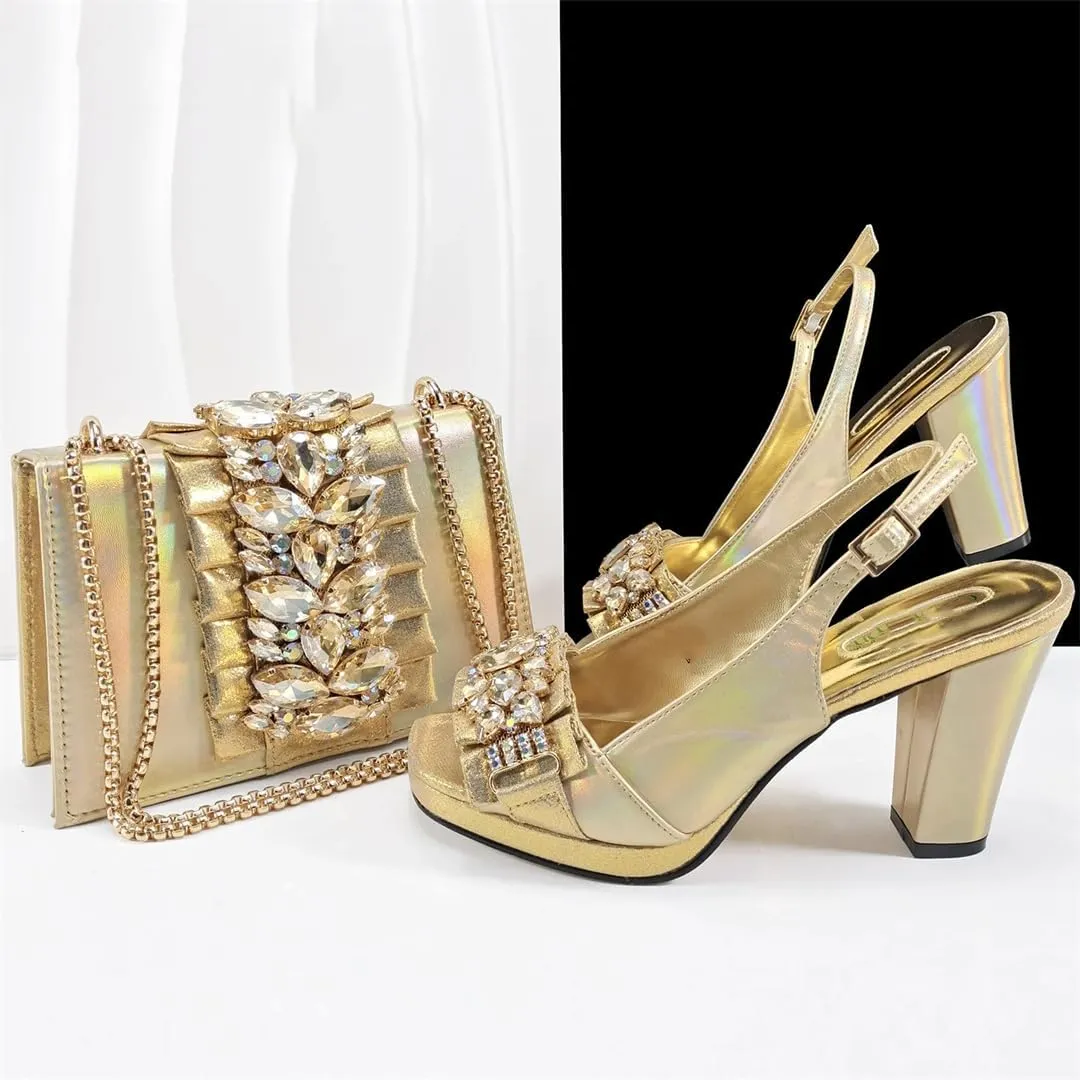 Women’S Royal Blue Platform High Heels and Matching Bag Set with Square Heel for Wedding