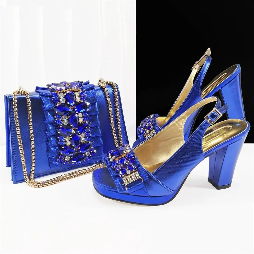Women’S Royal Blue Platform High Heels and Matching Bag Set with Square Heel for Wedding