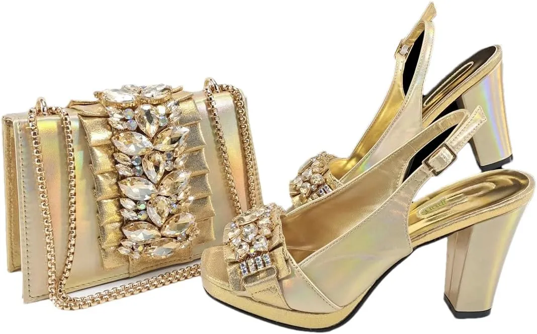 Women’S Royal Blue Platform High Heels and Matching Bag Set with Square Heel for Wedding