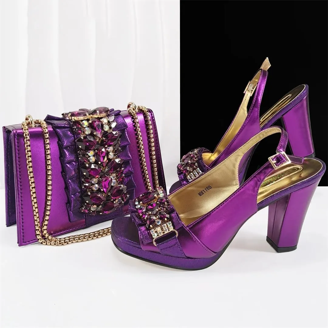 Women’S Royal Blue Platform High Heels and Matching Bag Set with Square Heel for Wedding