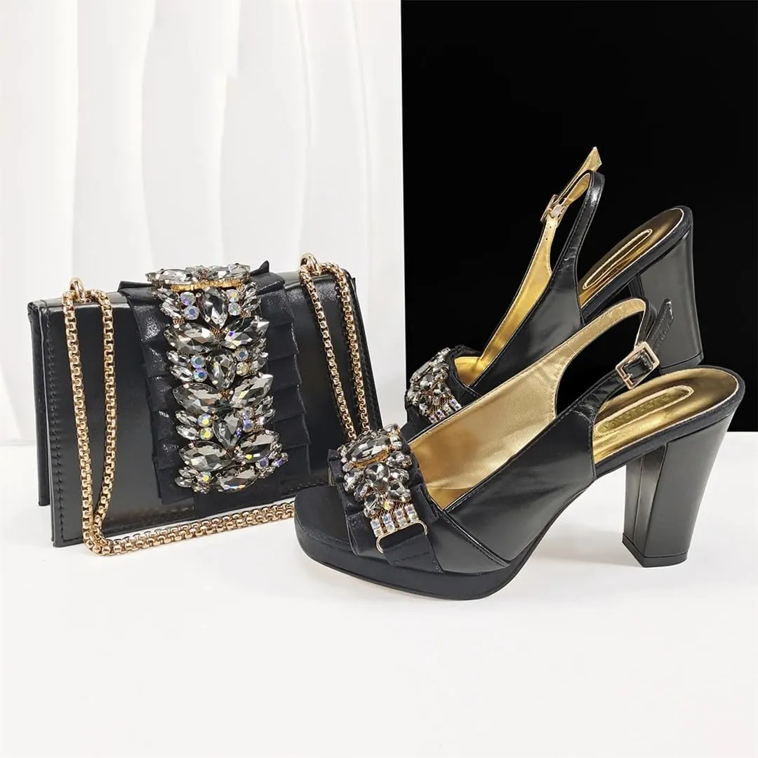 Women’S Royal Blue Platform High Heels and Matching Bag Set with Square Heel for Wedding