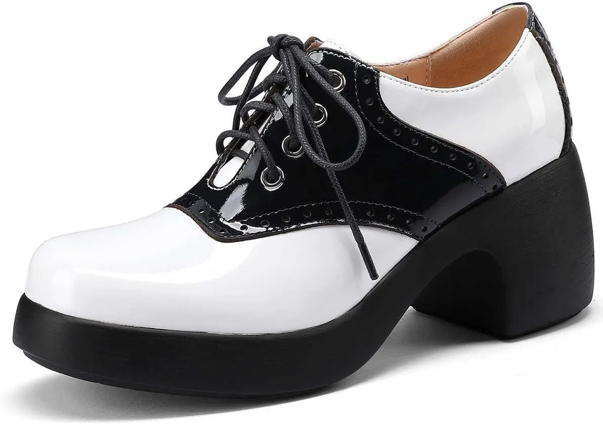 Women's Saddle Shoes, Retro Perforated Leather Oxfords, Platform Lace Up High Chunky Heels Pumps