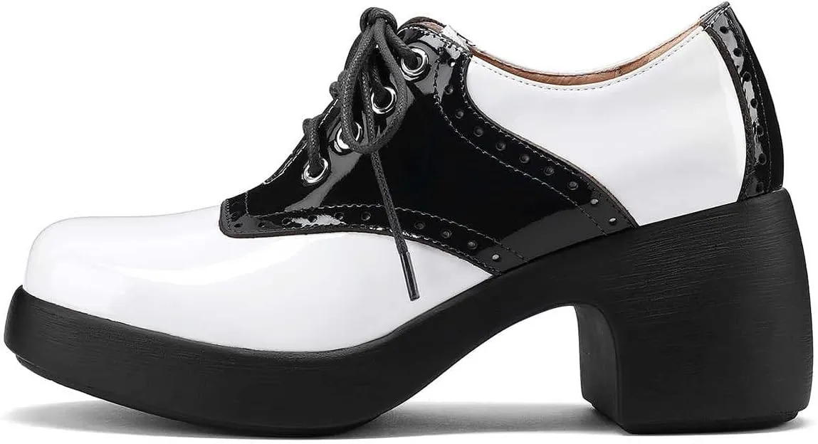 Women's Saddle Shoes, Retro Perforated Leather Oxfords, Platform Lace Up High Chunky Heels Pumps