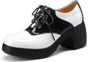 Women's Saddle Shoes, Retro Perforated Leather Oxfords, Platform Lace Up High Chunky Heels Pumps