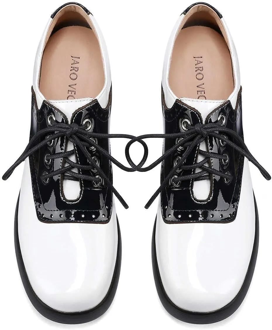 Women's Saddle Shoes, Retro Perforated Leather Oxfords, Platform Lace Up High Chunky Heels Pumps