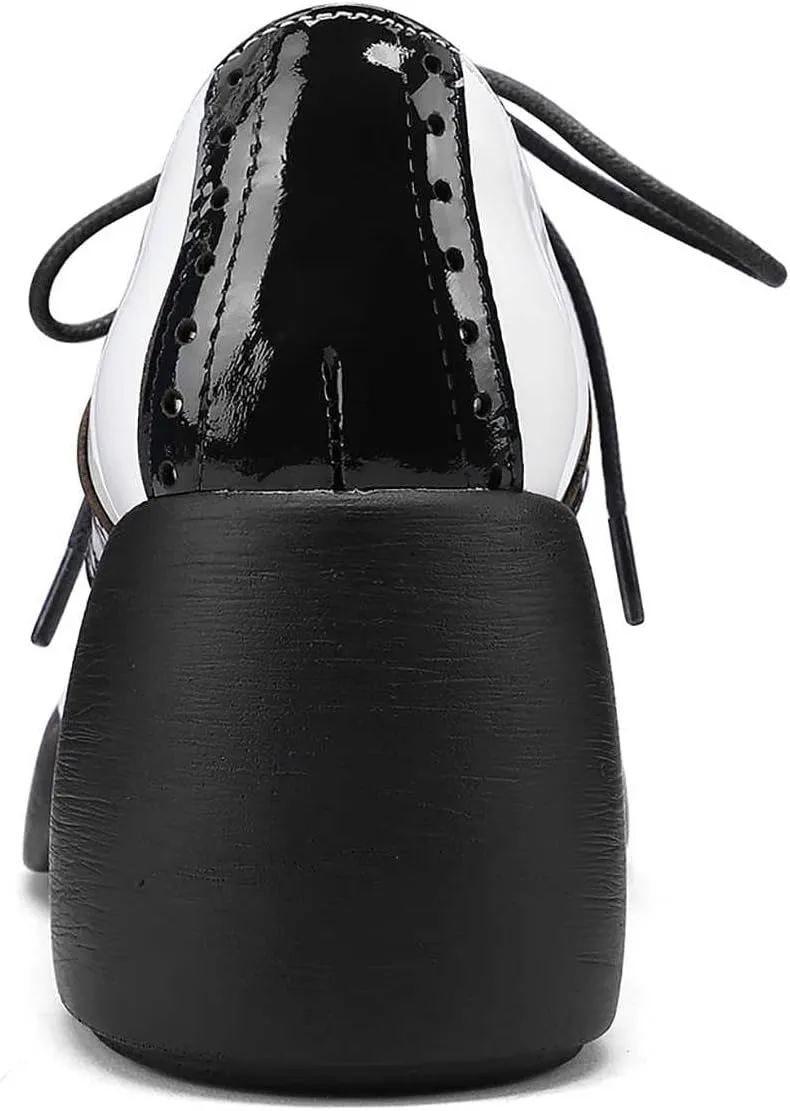Women's Saddle Shoes, Retro Perforated Leather Oxfords, Platform Lace Up High Chunky Heels Pumps