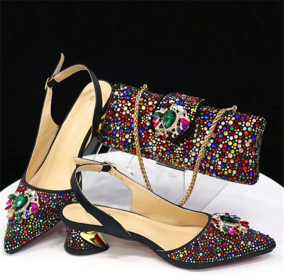 Women’S Silver Stone Pumps and Bag Set with Medium Heels and Crystal Embellishments for Parties