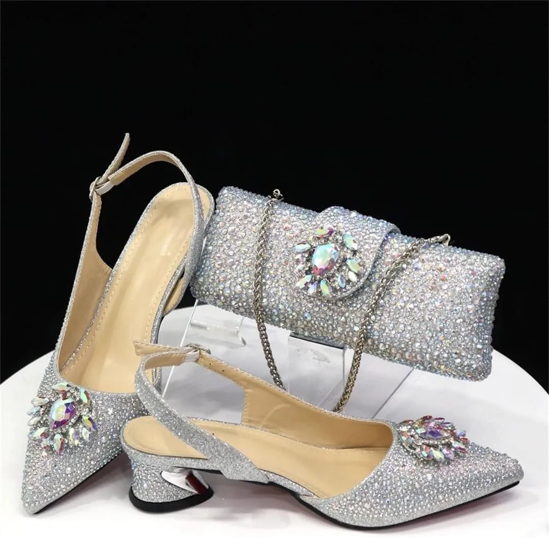 Women’S Silver Stone Pumps and Bag Set with Medium Heels and Crystal Embellishments for Parties