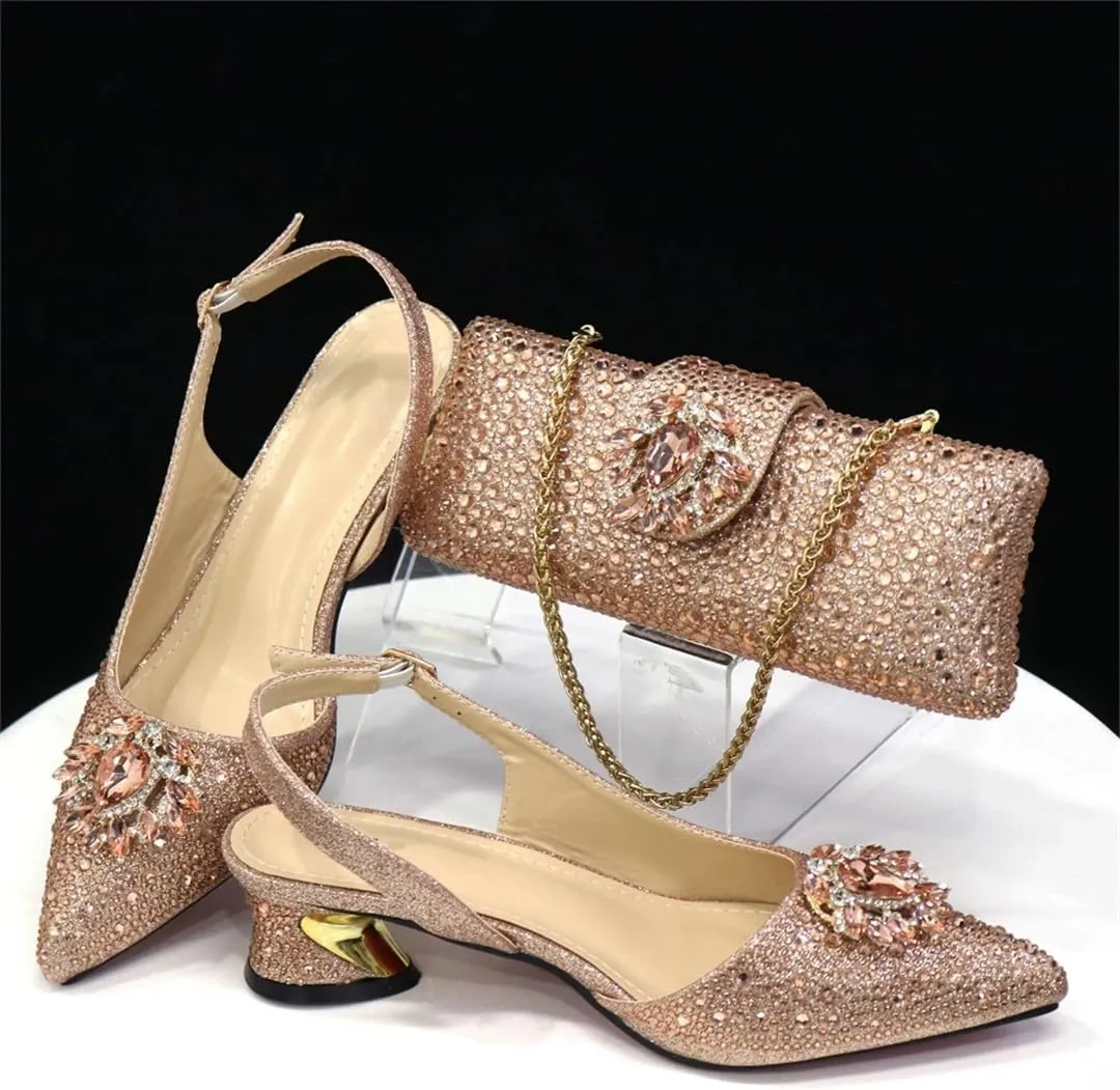 Women’S Silver Stone Pumps and Bag Set with Medium Heels and Crystal Embellishments for Parties