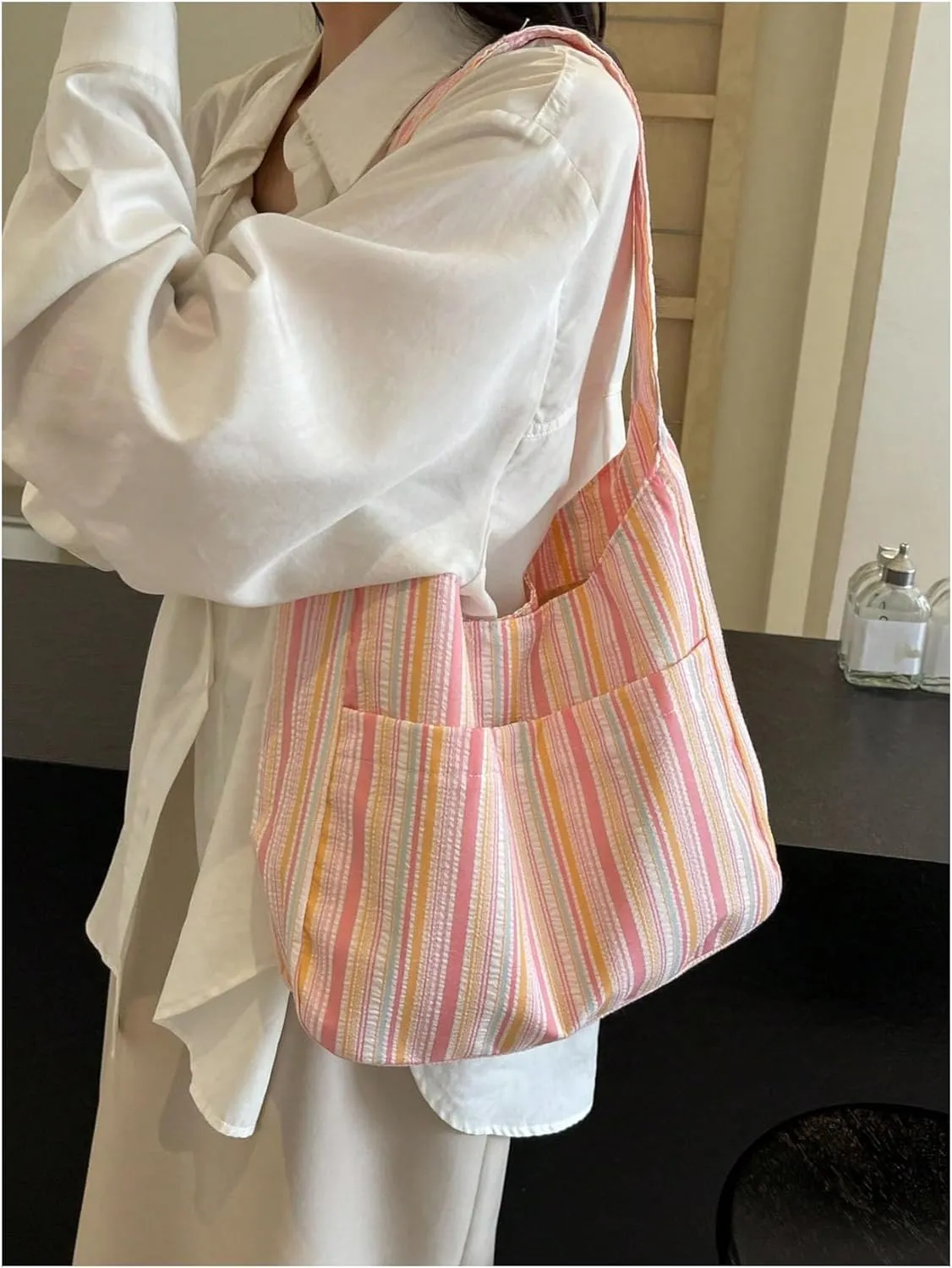 Women's Striped Tote Bags Large Capacity Casual Shopping Shoulder Bag