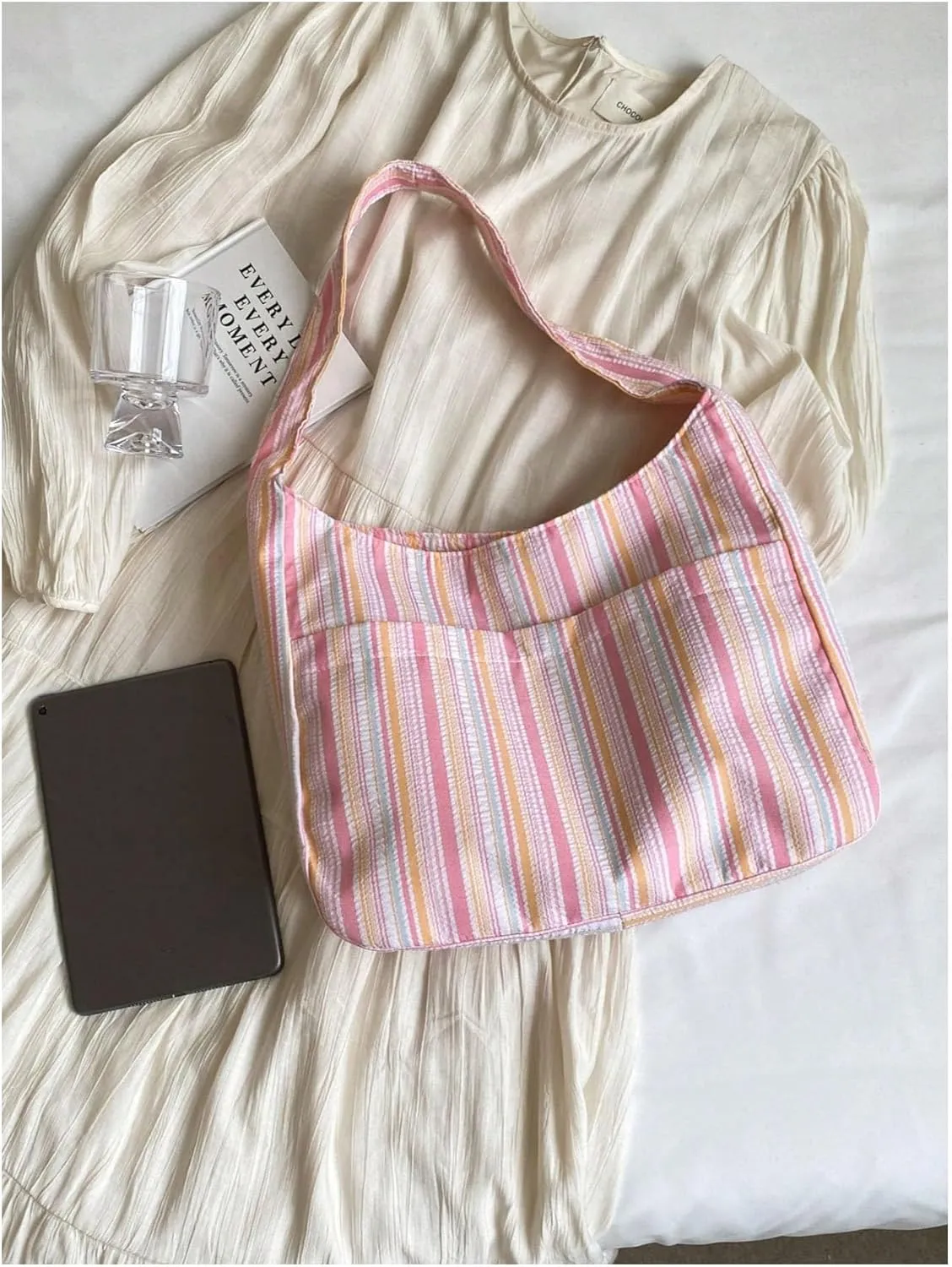 Women's Striped Tote Bags Large Capacity Casual Shopping Shoulder Bag