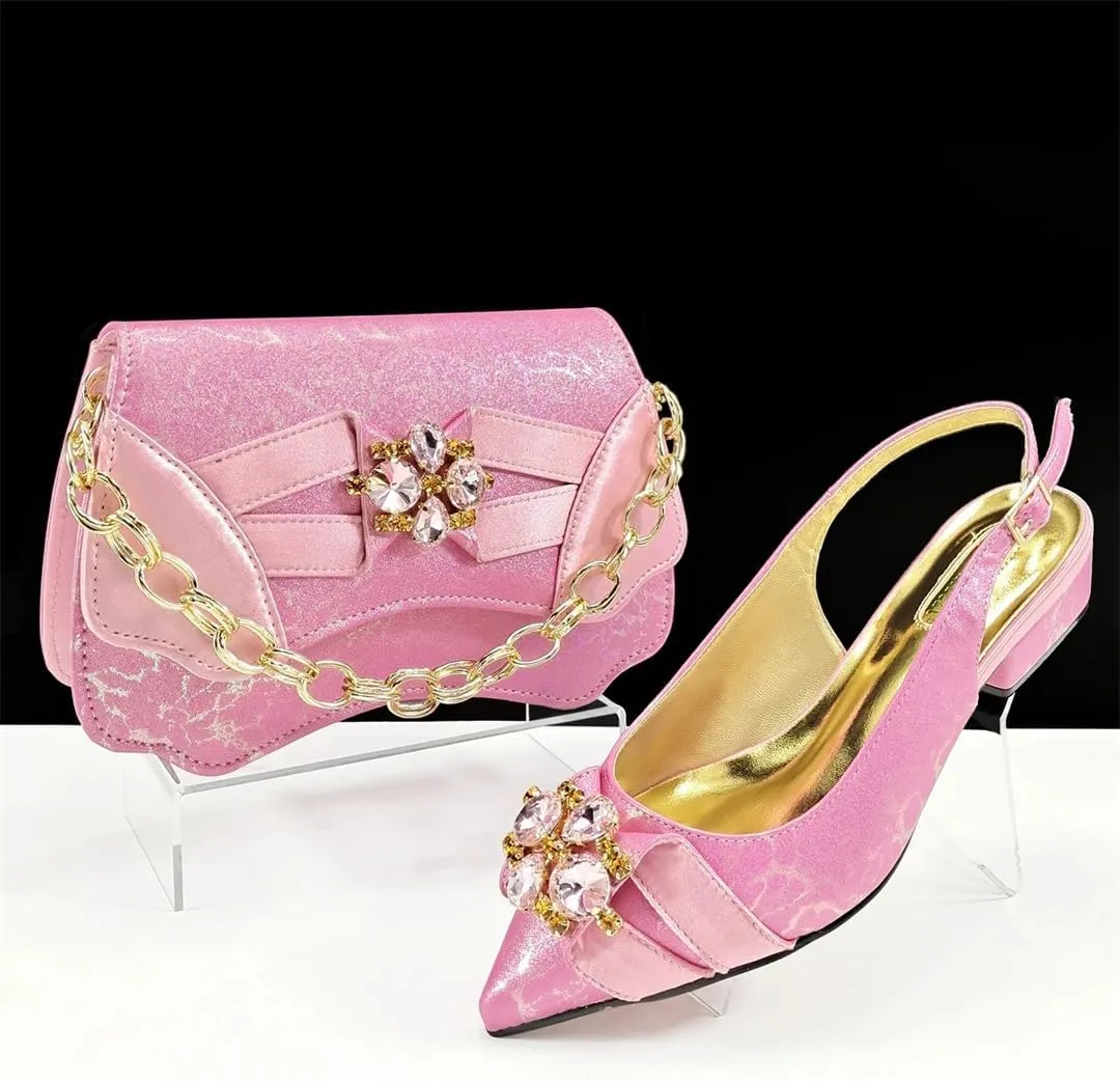 Women’S Stylish Pink Italian Pumps and Matching Bag Set with Peep Toe Design for Wedding Party