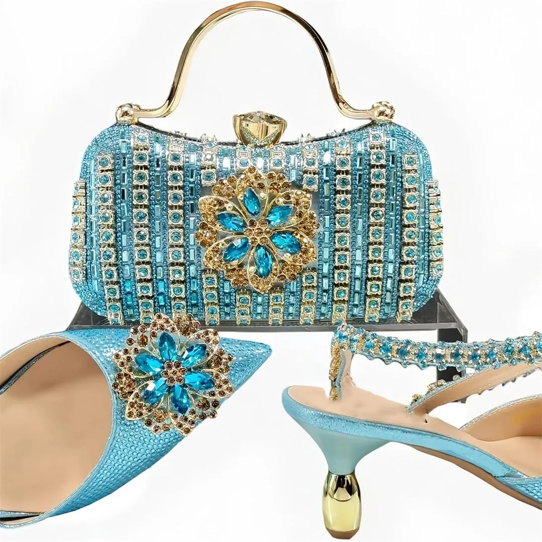 Women’S Trendy Magazine Cover Fashion Crystal Shoes and Bag Set Pointed Toe Spike Heels Buckle Strap
