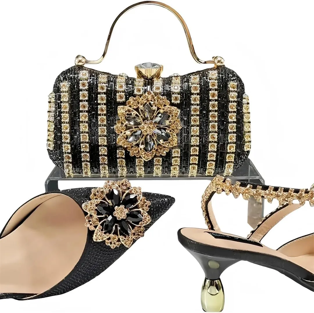 Women’S Trendy Magazine Cover Fashion Crystal Shoes and Bag Set Pointed Toe Spike Heels Buckle Strap
