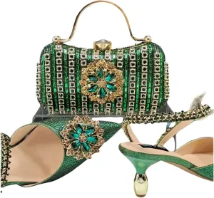 Women’S Trendy Magazine Cover Fashion Crystal Shoes and Bag Set Pointed Toe Spike Heels Buckle Strap