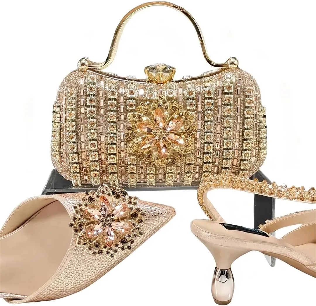 Women’S Trendy Magazine Cover Fashion Crystal Shoes and Bag Set Pointed Toe Spike Heels Buckle Strap