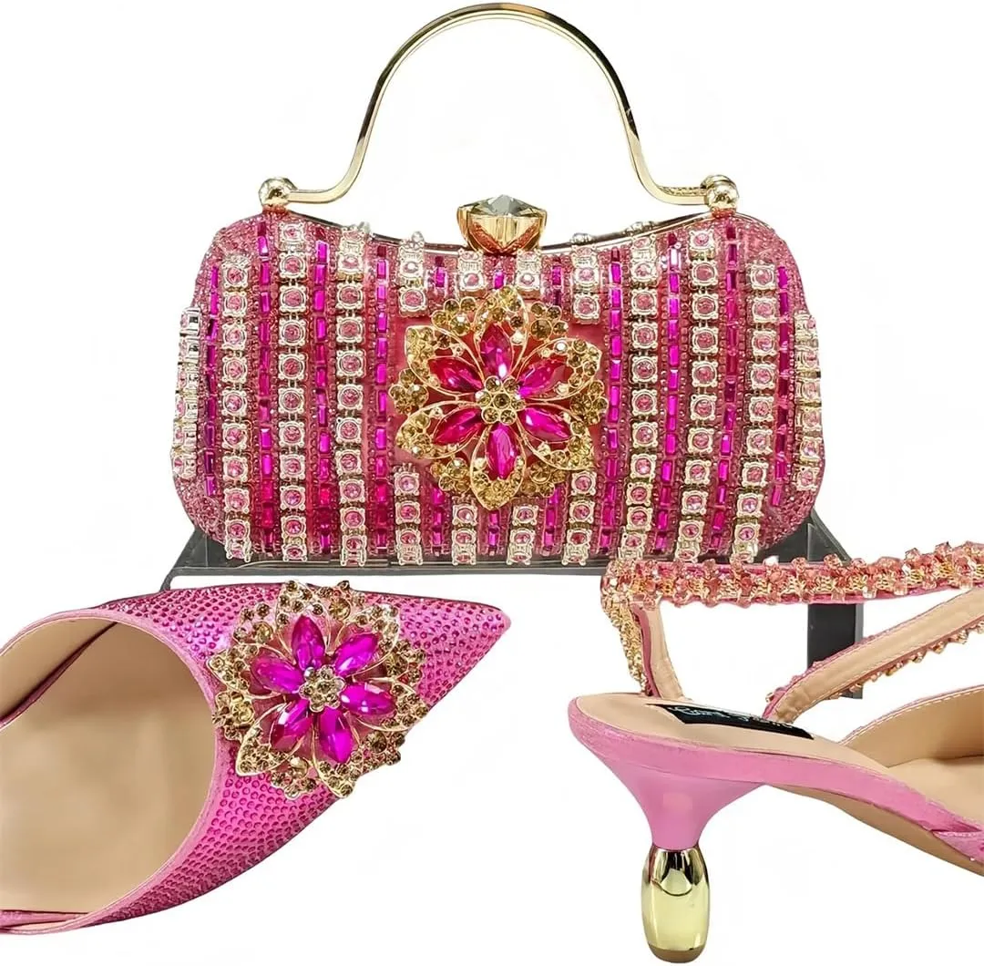 Women’S Trendy Magazine Cover Fashion Crystal Shoes and Bag Set Pointed Toe Spike Heels Buckle Strap