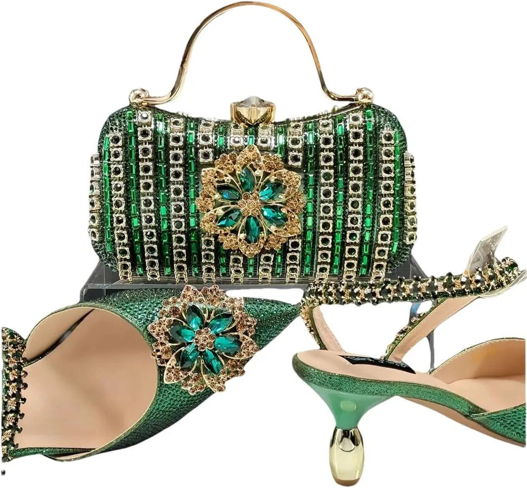 Women’S Trendy Magazine Cover Fashion Crystal Shoes and Bag Set Pointed Toe Spike Heels Buckle Strap