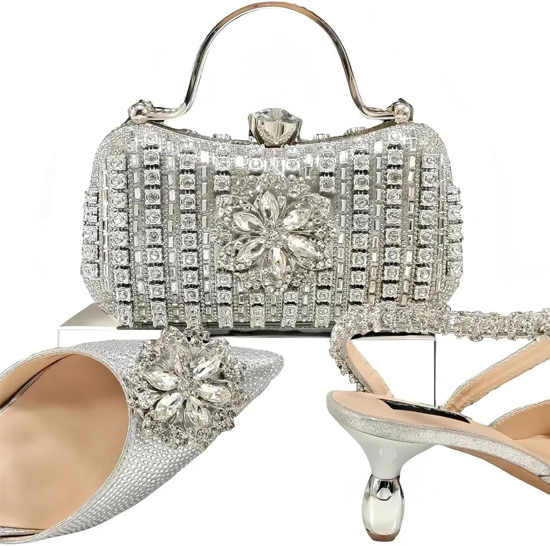 Women’S Trendy Magazine Cover Fashion Crystal Shoes and Bag Set Pointed Toe Spike Heels Buckle Strap