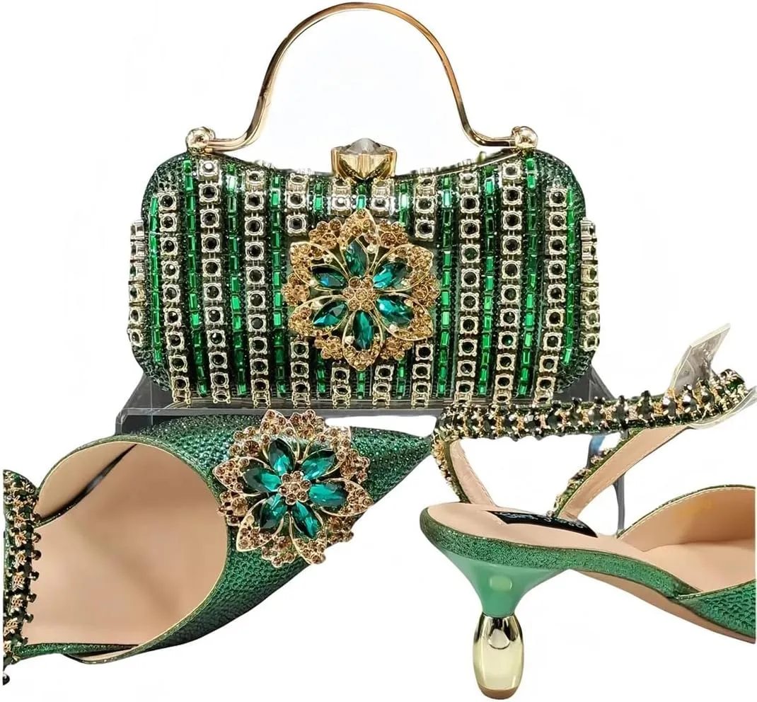 Women’S Trendy Magazine Cover Fashion Crystal Shoes and Bag Set Pointed Toe Spike Heels Buckle Strap